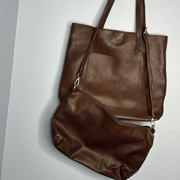 Joy Susan Megan Carry All Tote and Purse Vegan Brown Set of 2 - Picture 1 of 15
